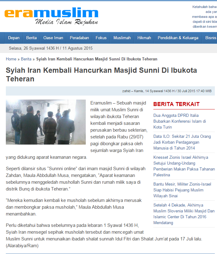 Benarkah Pemkot Tehran Menghancurkan Masjid Sunni?